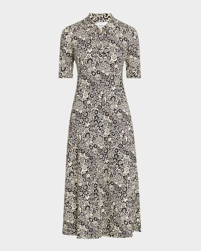 Floral Squiggle-Print Midi Polo T-Shirt Dress